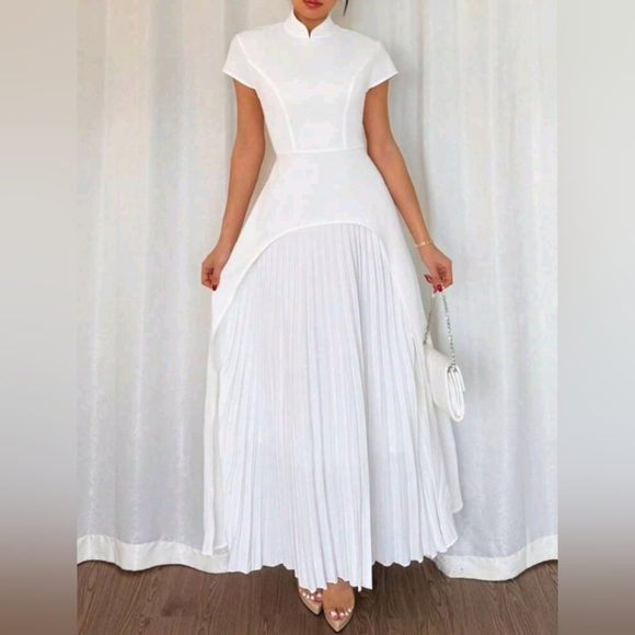 Women Elegant Stand Collar Patchwork Pleated Hem Waist-Cinched Dress - Picture 6 of 7